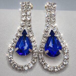 Rhinestones Sapphire Blue & Clear Crystal Teardrop Dangle Earrings Wedding Bride